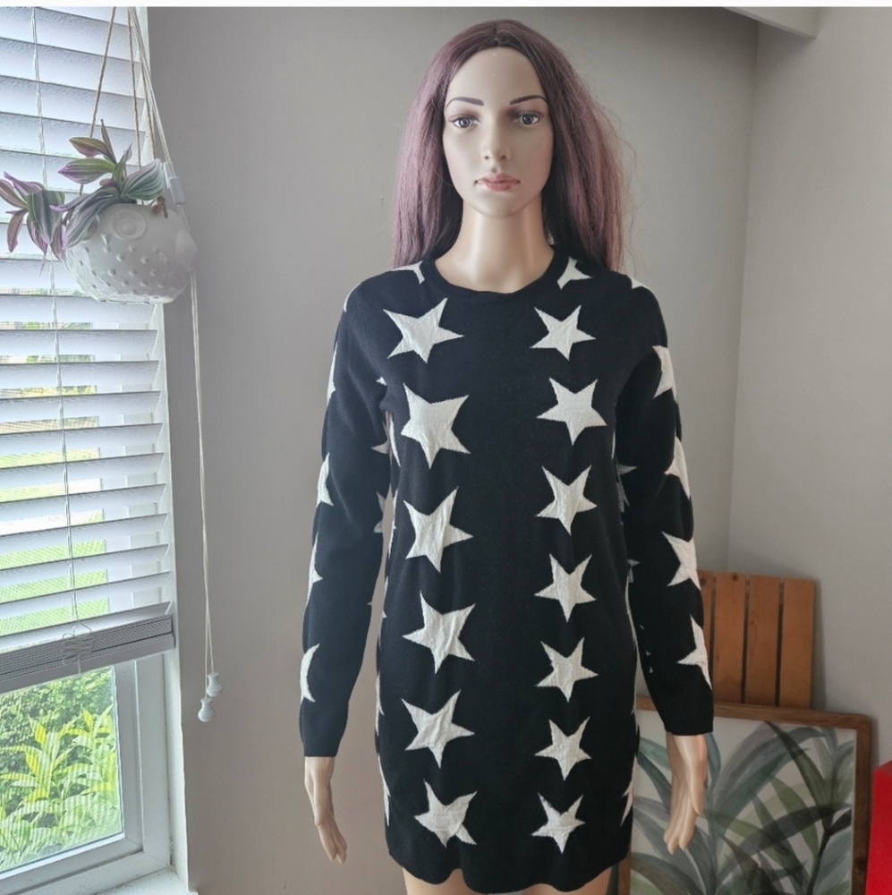 Italian wool sweater dress Small black white stars knit long sleeves